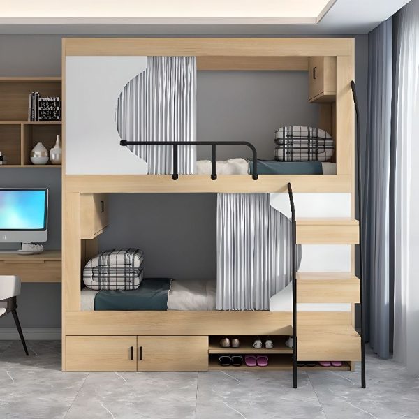 "Simplistic Wood Color Lumber Kids Bunk Bed with Storage, 1 Cabinet, Ladder & Guardrail"