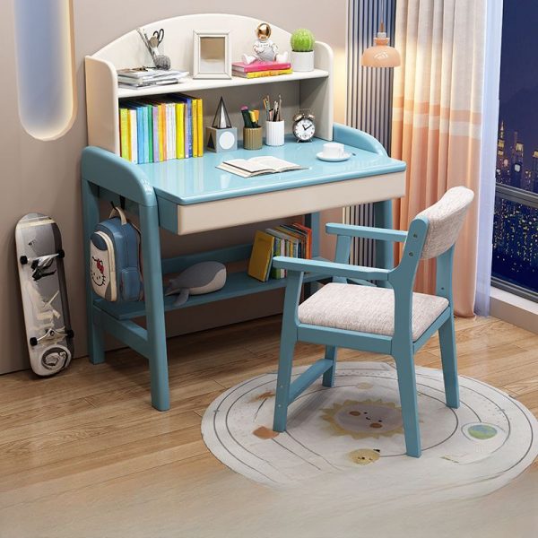 "Carnation/Azure/Natural Finish Timber Adjustable Children Computer Desk with Stockroom, Shelf, Compartment, and Hutch"