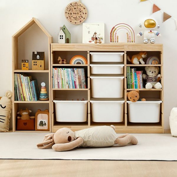 "Natural Finish Simplistic Standard Children's Bookshelf, 3 or 4 Shelves, Horizontal, Open Back, Natural Wood, Scratch-repellent"