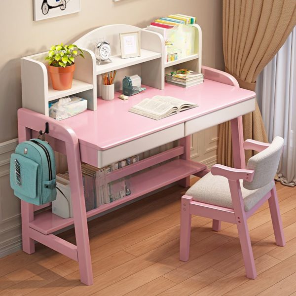 "Adaptable Height Rainproof Kids Computer Desk in Chalk/Auburn/Natural with Storage, Shelf, Drawer, and Hutch"