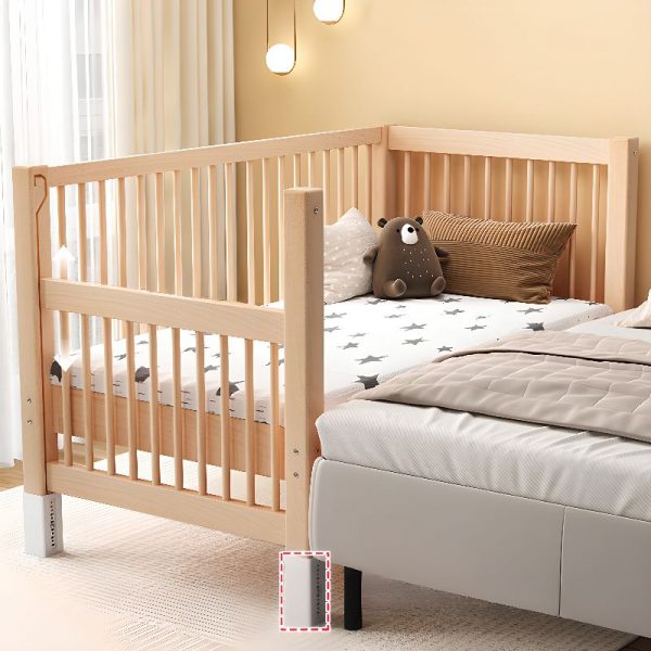 "Minimalist Unfinished Color Natural Wood Standard Kids Bed for Gender Neutral with Guardrail"