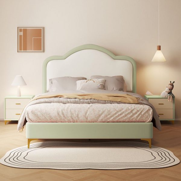 "Gender Neutral Olive Green Art Deco Wood Panel Standard Children Bed with Artificial Leather & Headboard"