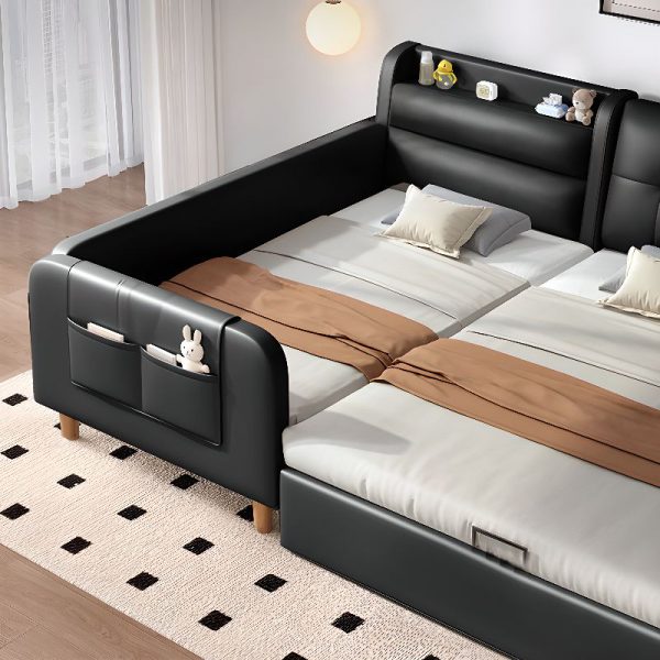 "Minimalist Ink Upholstered Standard Kids Bed with Synthetic Leather and Storage in Headboard, Gender Neutral Guardrail"