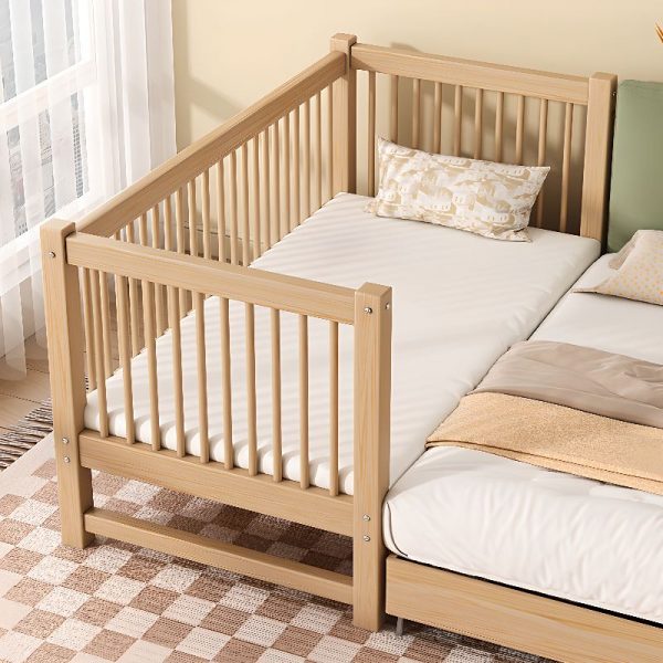 "Simplistic Wood Color Lumber Panel Standard Kids Bed with Coir Mattress, Ladder, and Guardrail"