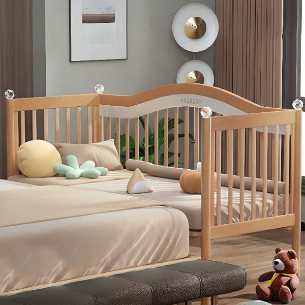 "Gender Neutral Art Deco Natural Wood Panel Standard Children Bed with Detachable Guardrails & Neutral Wood Tone"