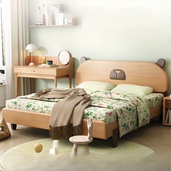 "Gender Neutral Animals Theme Art Deco Rubberwood Panel Standard Children Bed with Headboard & Neutral Wood Tone"