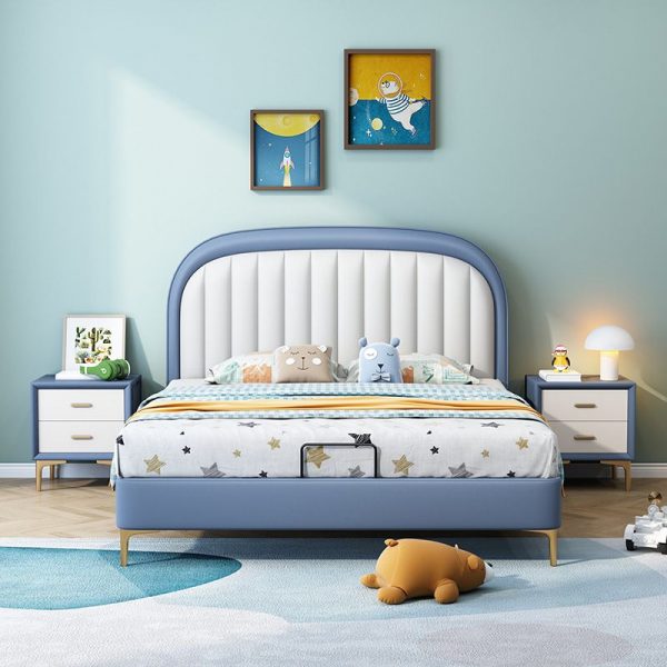 "Cerulean Simplistic Upholstered Panel Standard Kids Bed, PU Leather with Headboard, Gender Neutral"