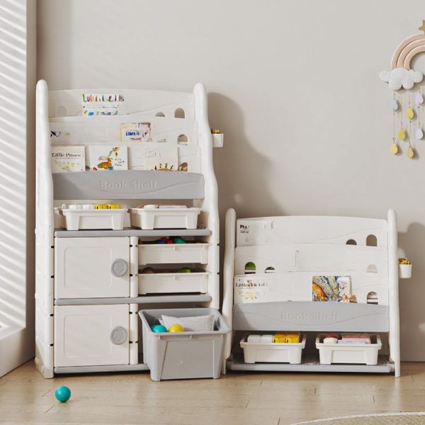 "Chalk Standard Children's Bookshelf with Multiple Shelves and Doors, Horizontal Orientation, Open Back, Synthetic Shelf, and Various Bins"