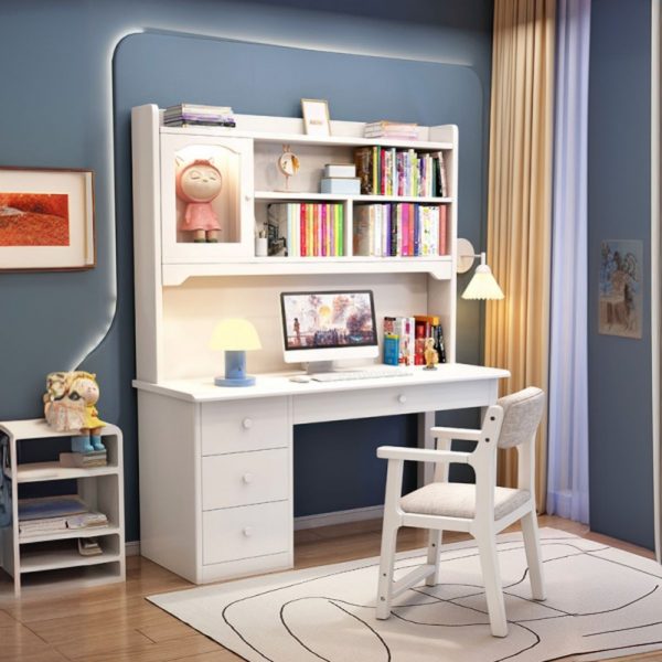 "Lumber Gray/White/Rose Kids Computer Desk with Storage, 1 Cabinet, 2 Shelves, and Wood Drawer Glides"