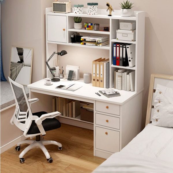 "White/Wood Grain Kids Computer Desk with Storage, 2 Cabinets, 4 Shelves, and Wood Drawer Glides"