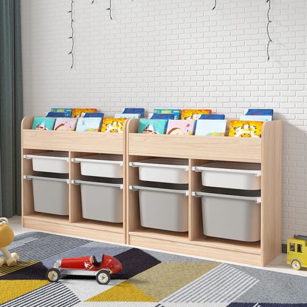 "Natural Finish Pine Standard Children's Bookshelf with Multiple Storage Bins"