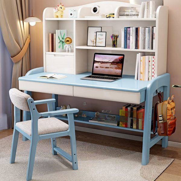 "Adaptable Height, Damp-proof Kids Computer Desk in Chalk/Carnation/Cerulean with Locker Storage, Shelf, Compartment Drawers, and Hutch"