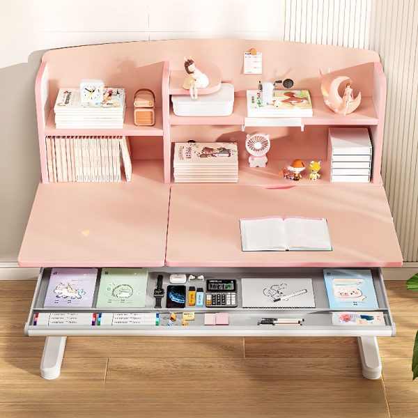 "Adaptable Height Kids Computer Desk with Chair, Rose/Light Blue, Repository, Shelf, Drawer & Hutch"
