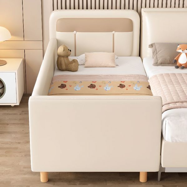 "Cream Timber Standard Kids Bed with Cotton Upholstery, Coir Mattress, Headboard, Footboard, and Guardrail"