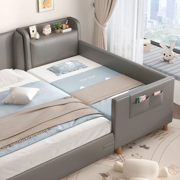 "Art Deco Gray Faux Leather Standard Kids Bed with Upholstered, Mattress, Headboard, Guardrail"