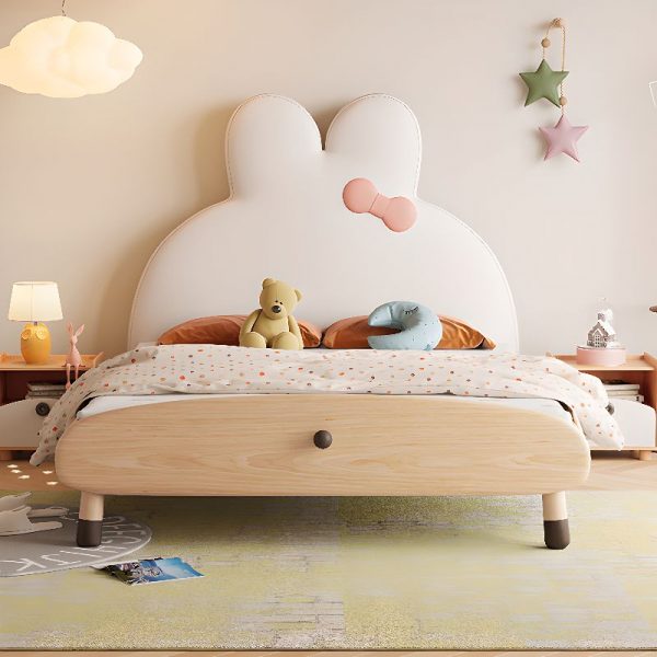 "Girl/ Woman+ Animals Lumber Panel Natural Wood Finish Standard Children Bed with Pu Leather Headboard"