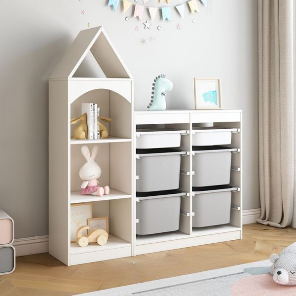 "Contemporary White Wood Horizontal Unattached Standard Children's Bookshelf with 2 Shelves/4 Shelves/3 Shelves, 6 Boxes/15 Boxes/10 Bins"