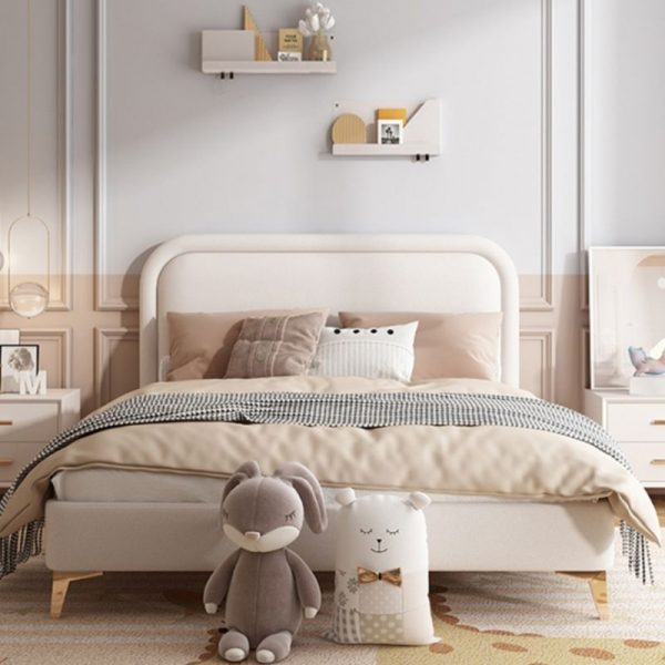 "Cream Contemporary Timber Standard Kids Bed with Genuine Leather Upholstery, Coir Mattress & Headboard for Gender Neutral"