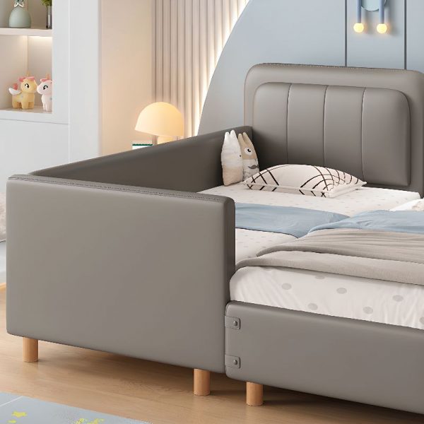 "Dove Grey Contemporary Upholstered Standard Kids Bed with PU Leather, Mattress, Headboard & Guardrail"