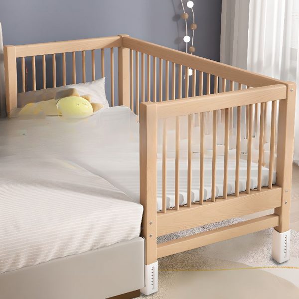 "Simplistic Wood Color Beech Panel Standard Kids Bed with Coir Mattress & Gender Neutral Guardrail"