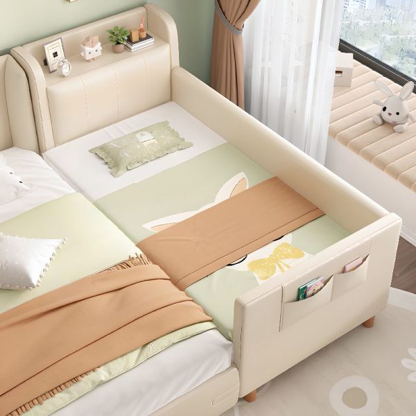 "Classic White Art Deco Upholstered Standard Children Bed with Artificial Leather, Mattress, Headboard Storage & Guardrail"