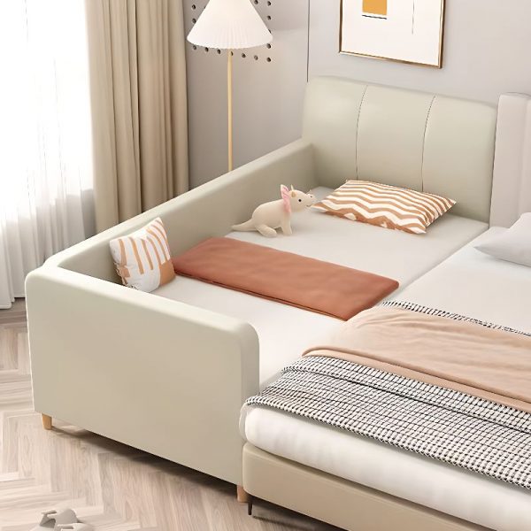 "Art Deco Upholstered Panel Standard Children Bed with Artificial Leather, Headboard & Guardrail"