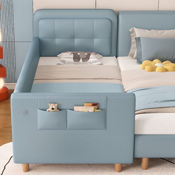 "Vibrant Cerulean Upholstered Standard Children Bed with Vinyl Leather, Storage, Mattress, Headboard & Guardrail"