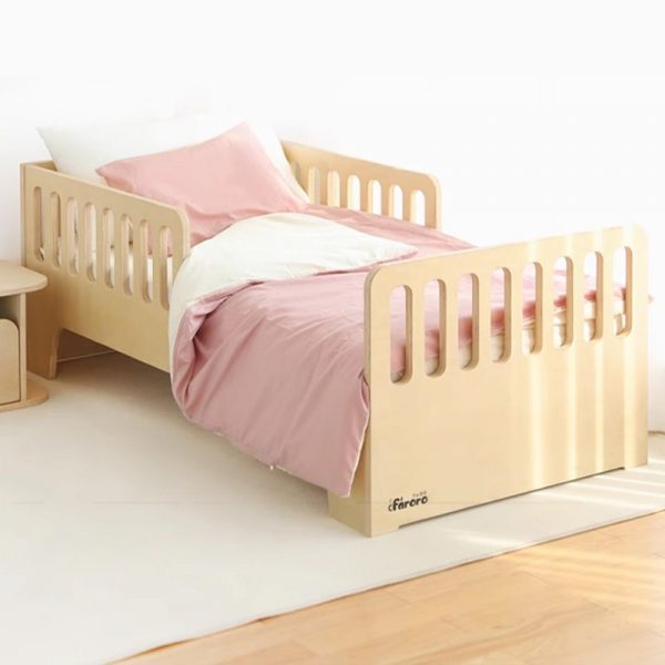"Contemporary Wood Grain Timber Standard Kids Bed with Air Fiber Mattress, Gender Neutral & Guardrail"