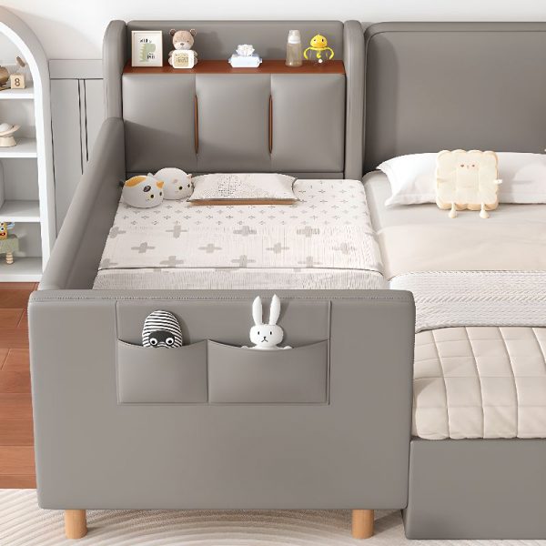 "Simplistic Gray Upholstered Standard Kids Bed with PU Leather, Headboard Storage & Guardrail"