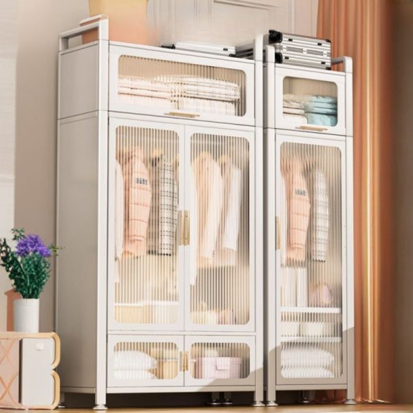 "Chalk-Colored Iron Kids Wardrobe with Shelf, Clothing Rod, and Door"