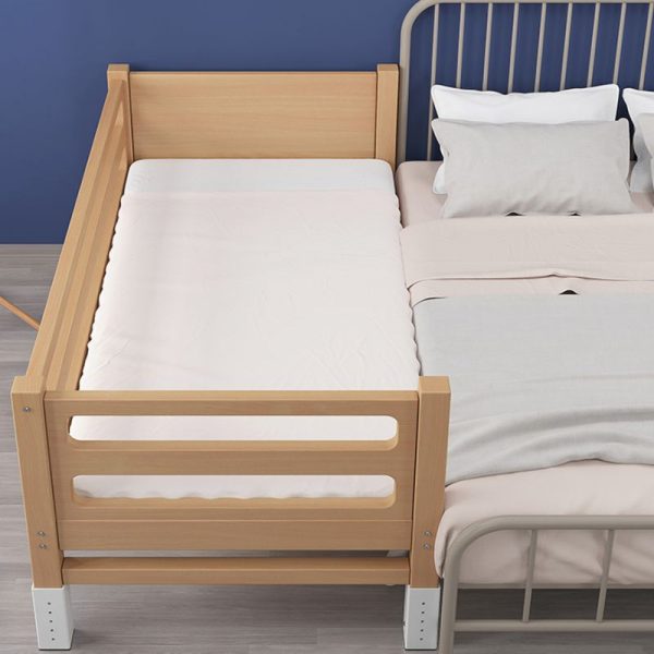 "Sturdy Beech Wood Simplistic Wood Color Standard Kids Bed with Coir Mattress, Gender Neutral, and Guardrail"
