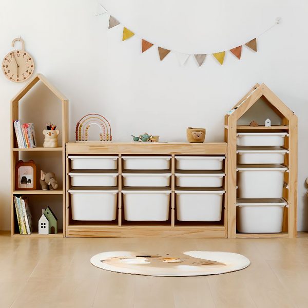 "Natural Finish Simplistic Standard Children's Bookshelf with 2/3 Shelves, Horizontal/Vertical, Closed Back, Wood, Standalone"