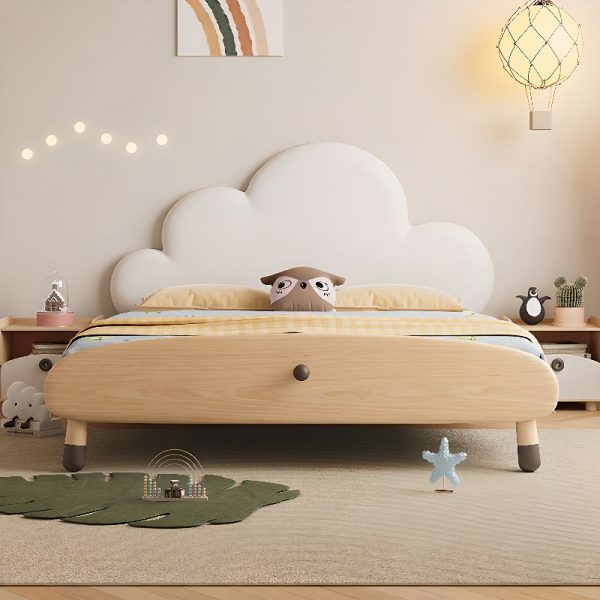 "Trendy Unfinished Color Timber Gender Neutral Standard Kids Bed with Synthetic Leather Headboard"