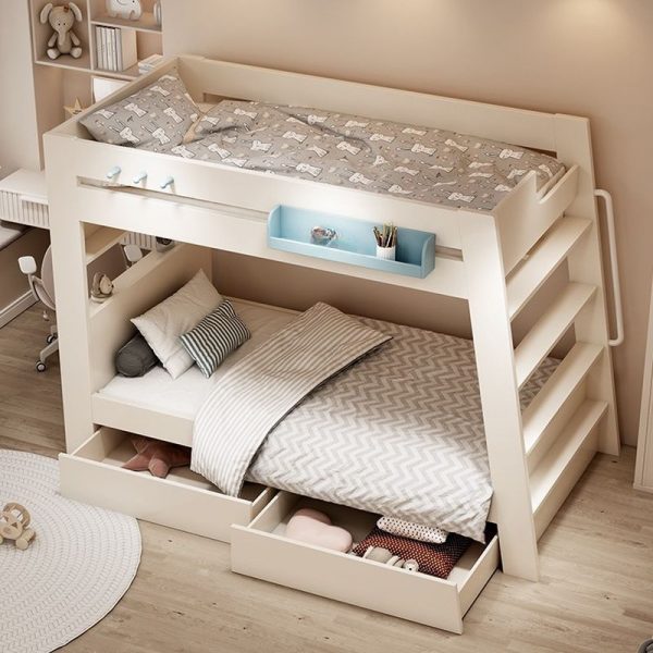 "Chalk Lumber Children Bunk Bed with 2 Drawers, Underbed Storage, Book Display, Ladder & Guardrail"
