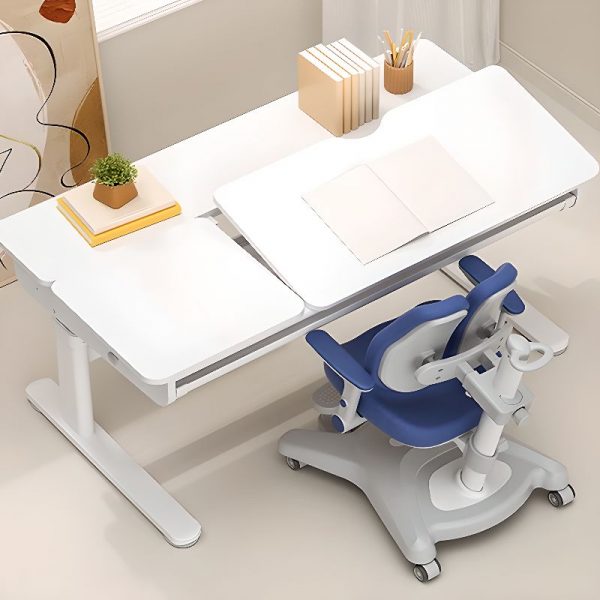 "Height-adjustable Chalk Wood Kids Computer Desk with Storage, Shelf, Drawer, and Hutch"