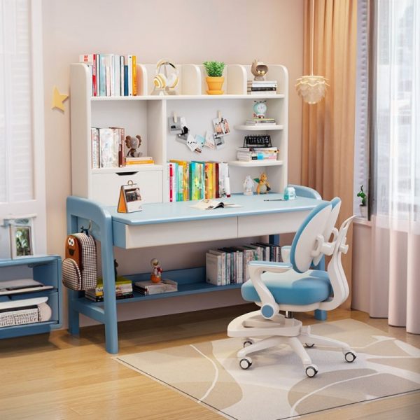 "Chalk/Brown/Unfinished Wood Kids Computer Desk with Storage, Shelf, Drawer, and Hutch"