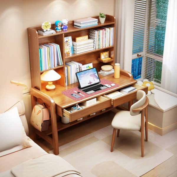 "Height-adjustable Kids Computer Desk in Chalk/Brown/Unfinished Color with Wood Top, Storage, Shelf, Drawer, and Hutch"