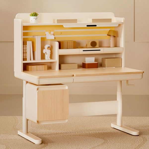 "Adjustable Height Lumber Water-resistant Kids Computer Desk in Natural Color with Storage, Drawer and 3 Shelves/2 Shelves"