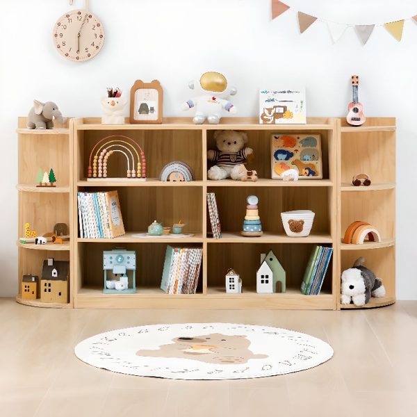 "Natural Finish Simplistic Standard Children's Bookshelf with 4/3 Shelves, Horizontal Orientation, Wood Material, Open Back, Scratch-repellent"