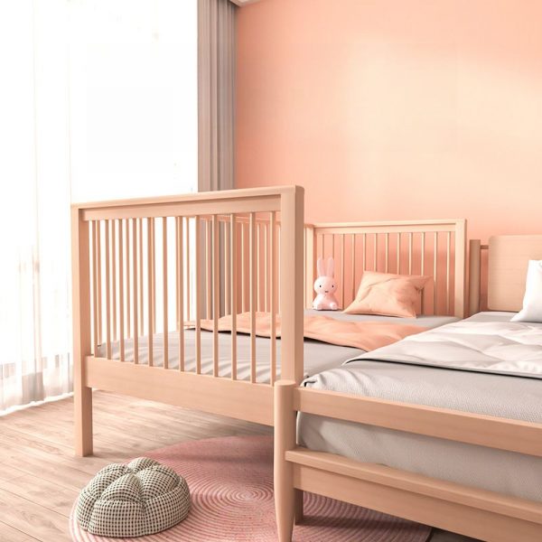 "Simplistic Natural Wood Standard Kids Bed in Wood Color with Guardrail for Gender Neutral Safety"