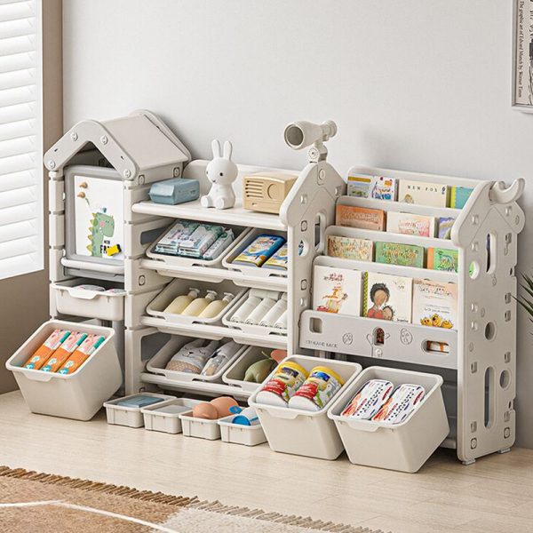 "Simplistic Kids Bookshelf Display Rack with House Theme, 5 Shelves, Convertible Orientation, Synthetic Material, Standalone Installation, Closed Back"