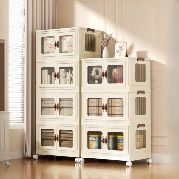 "Chalk Standard Children's Bookshelf with Pop Up Design, Roller Wheels, Multiple Shelves (3/4/5), Vertical Orientation, Synthetic Shelf, and Multiple Doors (6/8/10)"