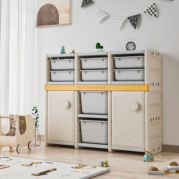 "Cream Simplistic Standard Children's Bookshelf with 4 Synthetic Shelves, Horizontal Orientation, Open Back, and 2 Doors"