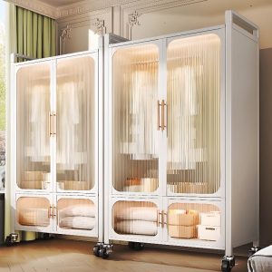 "Chalk-Colored Plastic Kids Wardrobe with Shelf, Clothing Rod, Lighting System, and Door"