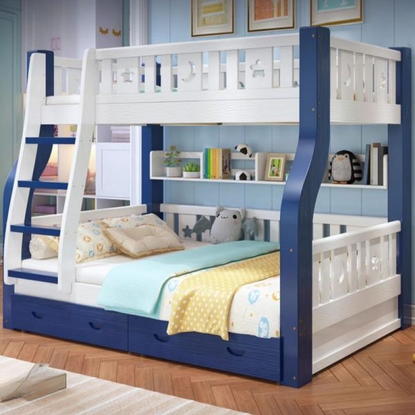 "Natural Wood Bunk Children's Bed Light-toned Wood with Repository, Book Cabinet and 2 Drawers with Surrounding Guardrail Applicable to Multiple Mattress Sizes"