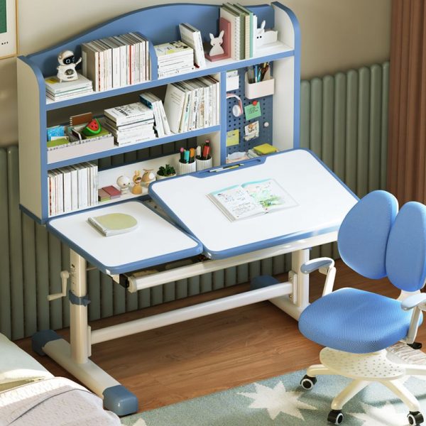 "Adaptable Height Reclaimed Wood Adjustable Children's Desk in Chalk with 1 Drawer and 2 Shelves, Hutch and Storage"