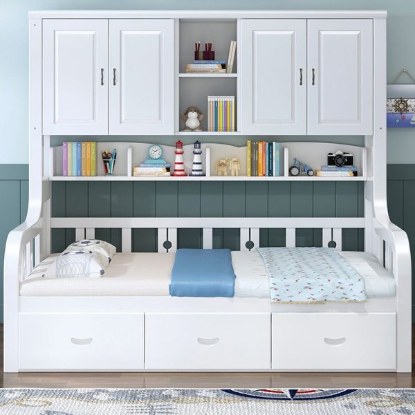 "Nordic Style Natural Finish Panel Kids Bed with 3 Cabinets & Attachable Guardrails on Either Side"