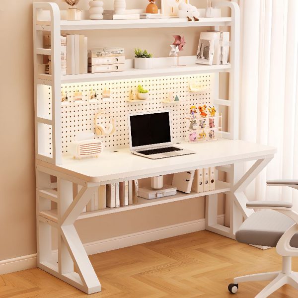 "Watertight Composite Wood Children Computer Desk in Midnight Black/Dove Grey/Wood Grain with Locker and 3 Shelves, Hutch and Cable Management"