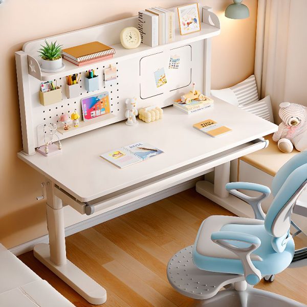 "Adjustable Children's Desk White Wood/Natural Wood Finish Repository 1 Drawer 1 Shelf Lumber Height-adjustable"