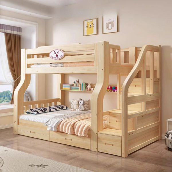 "6 Drawers & 3 Cabinets Natural Color Bunk Children's Bed with Bookcase, Stairs & Either Side Guardrail, Multiple Mattress Sizes"